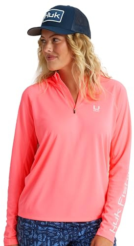 HUK Womens Icon X Hoodie, Fishing Shirt with Sun Protection for Women, Neon Coral, X-Large