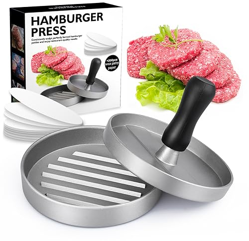 YUTUY Pressa per Hamburger Pressa Stampa in Alluminio + 200 Carta Antiaderente,Pressa per Hamburger in Alluminio,Rotondi Hamburgher Attrezzo per Patty, BBQ, Grill e Cucina