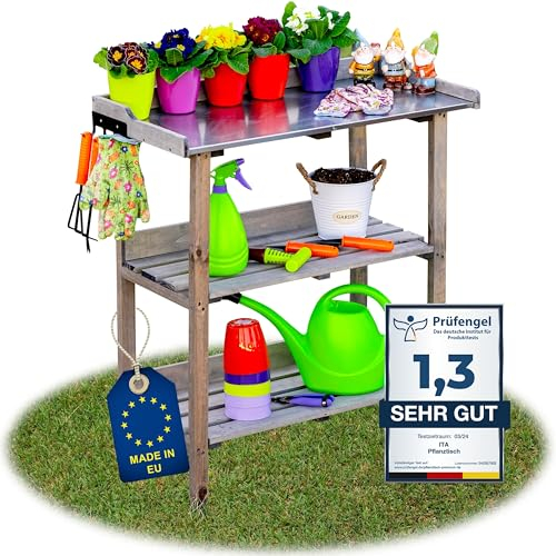 ITA Pflanztisch Premium - Pflanzentisch mit verzinkter Arbeitsplatte - Gärtnertisch aus Holz - Wetterfest - Made in EU - Direkt vom Hersteller - FSC Zertifiziert - Outdoor & Indoor - 76x38x89 cm Grau