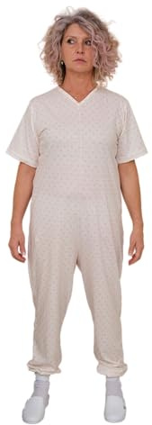 Pigiama Sanitario con Cerniera sul Dorso, Tuta Intera 100% Cotone, Manica Corta, Pantalone Lungo - 9012/3 - per stagioni intermedie, Tessuto Leggero, per Anziani, Alzheimer, Incontinenza (L, Donna)