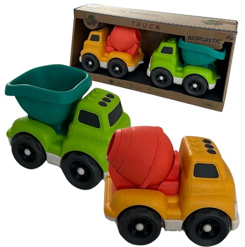 BIOPLAY XL Sandspielzeug ab 1 Jahr aus Bio Kunststoff | 2er Set Trucks | für Jungen & Mädchen | Kinderspielzeug | Fahrzeuge ab 1 Jahr | Kipplaster Betonmischer Spielzeug