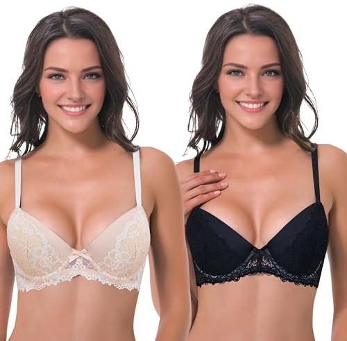 Curve Muse Reggiseno per Balconcino con Ferretto Leggermente Imbottito Taglie Forti -Confezione da 2-Black,Peach Blush-6C