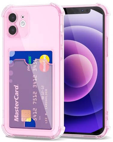 Svanove für iPhone 12 Mini Hülle Kartenfach Silikon Durchsichtig, Dünn Transparent Karten Wallet Handyhülle mit Kameraschutz, Klar TPU Karte Handy hülle Kartenhalter Schutzhülle Bumper Case, Rosa Pink