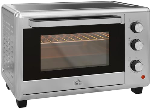 HOMCOM 30 Litre Mini Oven, Countertop Electric Cooker & Grill for Roasting, Baking, Grilling with Adjustable Temperature, 60 Min Timer, Baking Tray and Wire Rack, 1600W, Silver