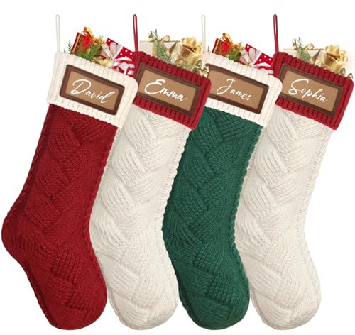 Dremisland 4 Stück Große Weihnachtsstrumpfe Personalisiert 46cm Grün Rot Nikolausstrumpf mit Namensschilder Gestrickt Weihnachtssocken Kamin Christmas Stockings für Feiertags Familien Party Dekor