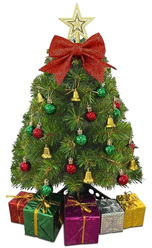 stargo Kleiner Weihnachtsbaum - 60 cm Mini-Tischweihnachtsbaum mit hängenden Ornamenten, dekorativer Schleife und Geschenkboxen - Tischbaum für selbstgemachte Weihnachtsdekoration