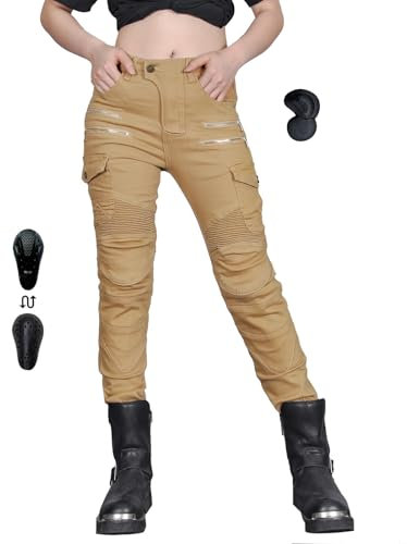 Motorradhose Damen mit Protektoren, Stretch Motorrad Jeans Damen für Sommer/Winter (Khaki,L)