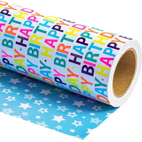 RUSPEPA Papier cadeau d'anniversaire réversible – Mini rouleau – 43,2 cm x 10 m – Lettrage coloré « Happy Birthday » pour anniversaire, fête, fête prénatale