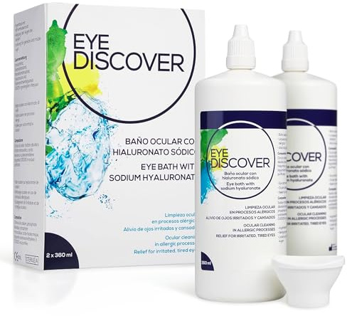 Baño Ocular con Ácido Hialurónico – Limpieza Ojos Irritados e Hidratación Ocular, Compatible con Lentillas | Pack 2 x 360 ml | EYE DISCOVER