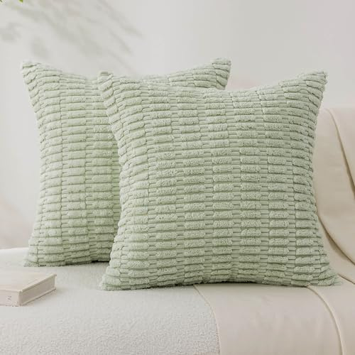 Demetex Sage Green Cushion Covers 45 x 45 Soft Corduroy Cushions Modern Decorative Cushion Cases for Summer Couch Sofa Bed Chair, Set of 2, 45x45 cm, Light Green