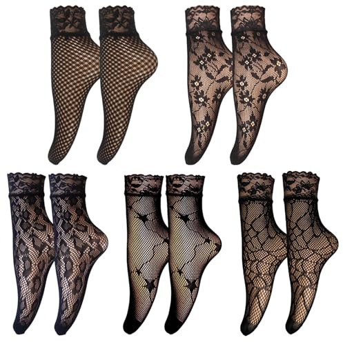 arrderly 5 paia di calze a rete alla caviglia, calze corte sexy in pizzo per donne e ragazze, calzini eleganti pop, Nero , Taglia unica