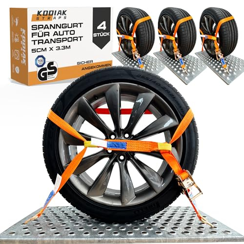 4 Cinghie a Cricchetto per Trasporto Veicoli | Larghezza 35 mm | 2000 daN | Cinghie di Serraggio per Sicurezza Ruote, Auto, Rimorchi - Certificate TÜV G/S e secondo DIN EN 12195-2 - KODIAK STRAPS