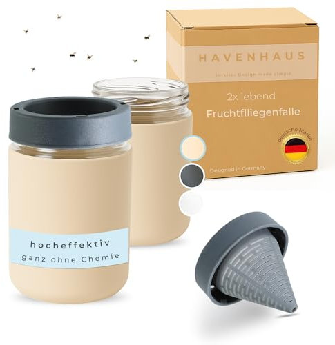 HAVENHAUS Lot de 2 pièges à mouches à fruits, réutilisables, beiges, pour la cuisine, pour se débarrasser des mouches des fruits, anti-mouches des fruits, piège à mouches vivants contre les mouches