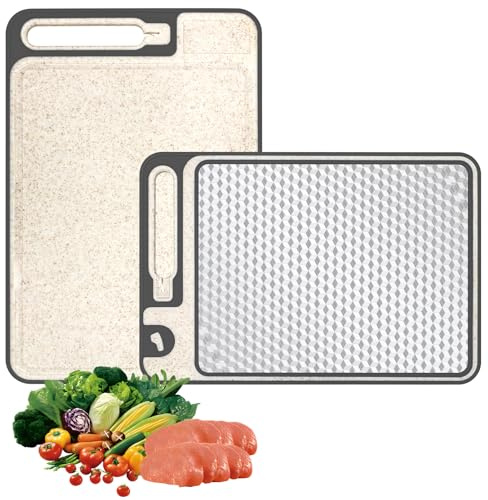 Planche à Découper de Cuisine 2-en-1 Double Face 37 x 25 cm, Planche a Decouper Inox 304 avec Zone de Râpe et D'aiguisage Intégrées pour Viande, Fruits et Légumes