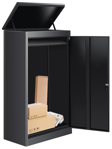 41.3 Package Delivery Box for Outside - Lockable Black Metal Parcel Drop Box, Anti-Theft, IPX4 Waterproof, Weather-Resistant Mailbox for Porch, Fence, Curbside (L)