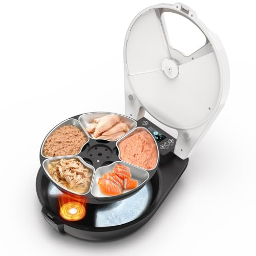 Distributore Automatico Cibo Gatti Umido, 5 Pasti Freschi in 3 Giorni, Raffredd. & Riscald. Semiconduttore Distributore Cibo Umido Gatti, Ciotola Inox 304, Dispenser Per Gatti Con Programmabile