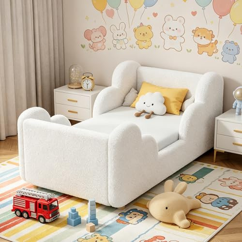 ZIKEBTUY Cama para niños de 70x140cm - Cama de terciopelo completamente acolchada, cama de nubes suave para niños, cama baja para niños y niñas (Blanco con nubes)