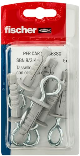 Fischer, Tasselli cartongesso SBN 9/3 K con occhiolo chiuso, Universali per Il Fissaggio di Lampade, Specchi, Accessori su Lastre in Cartongesso e Pannelli in Legno