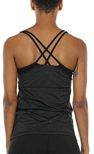 icyzone Damer 2 i 1 sport yoga toppar med bh – gymskjortor fitness träning linne, svart, S