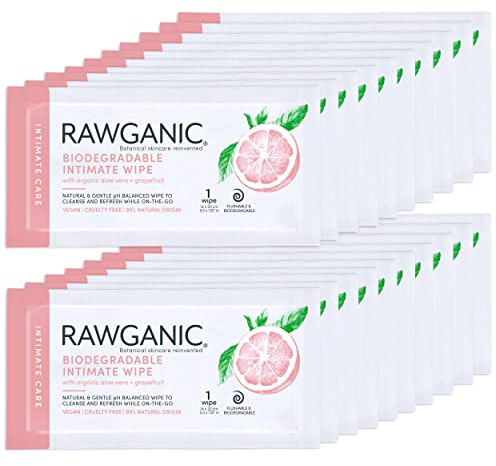 RAWGANIC Organic Intimate Hygiene Wipe Sachets | Gentle Ph Balanced, Fragrance-Free, Alcohol-Free, Flushable & Biodegradable Intimate | Set of 20 Individual sachets
