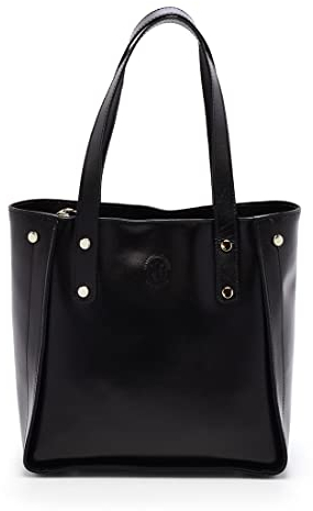 Vera Pelle Damen Handtasche, Leder Shopping Bag, Aktentasche, klassisch, elegant, exklusiv, praktisch, mit kurzen und langen Streifen, groß, 26 x 27 x 14 cm, schwarz