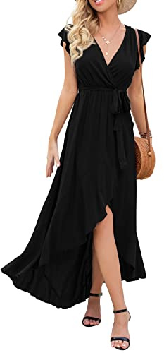 GRECERELLE Womens Summer Maxi Dress Boho Floral Cocktail Wrap Dresses V Neck Casual Party Bohemian Flowy Long Dress for Ladies (Black, L)