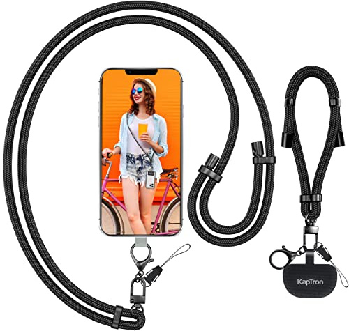 Kaptron 2Pcs Cell Phone Lanyard: Universal Adjustable Crossbody Phone Strap and Wrist Strap, with 2 Lobster Clips and 2 Tether Patches, Compatible with Most iPhone and Android Smartphones (Black)