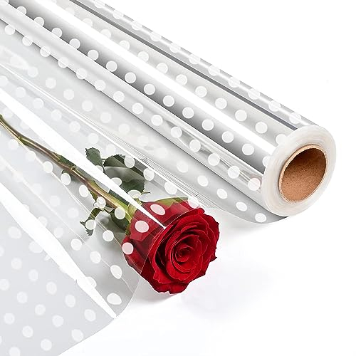 Geschenkfolie, 40cm x 30M Geschenkpapier Transparent Cellophan Rolle Wasserdicht Cellophanfolie Klare Geburtstagsgeschenkpapier für Blume Hochzeitsstrauß Geschenkverpackung Papier - Weißer Punkt