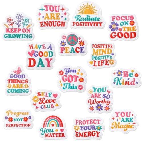 CiyvoLyeen Iron on Patches for Hats Positive Affirmations Boho Hippie Accessories Daily Reminder Embroidered Patches Sew on Applique Repair Patches for Clothes Jean Jackets Backpacks DIY Craft 16 Pcs