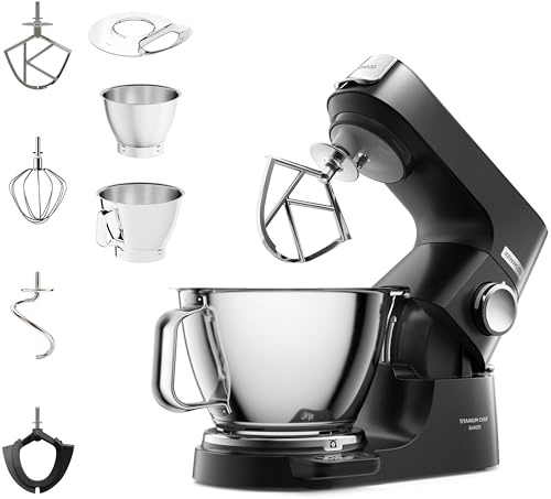 Kenwood Titanium Chef Baker Silver KVC85.004BK, Stand Mixer with Integrated Scale, 3 Stainless Steel Mixing Hooks and Rubber Whisk, 5L and 3.5L Bowls, 1200W, Black