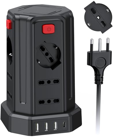 2 Metro Ciabatta Elettrica Multipresa con 12 Prese Universali 10/16A ITA e Schuko e 3 USB A+1 USB C protezione Sovratensione con 4 interruttori indipendenti, Nero