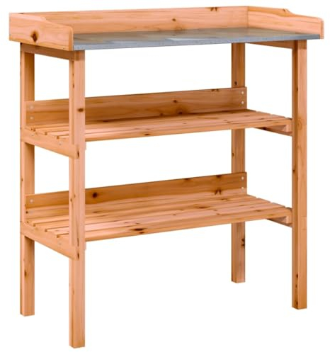 vidaXL Pflanztisch mit Ablagen, Gärtnertisch mit verzinkter Tischplatte, Blumentisch für Terrasse Garten, Gartenarbeitstisch, Braun Massivholz Tanne