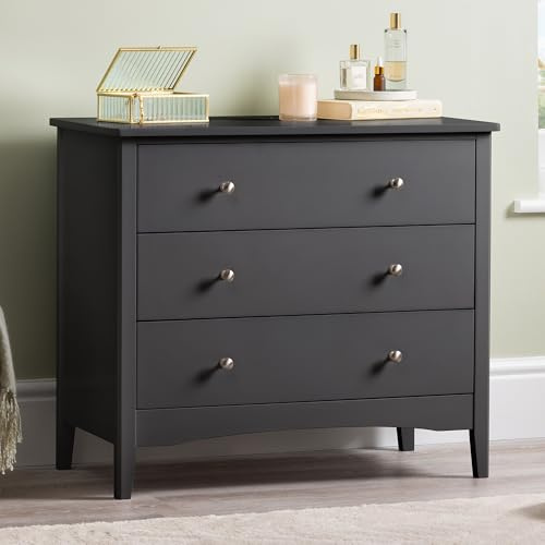CHRISTOW Black Chest Of Drawers, 3 Drawer Storage Organiser Unit, Modern Wooden MDF Bedroom Cabinet Furniture, Living Room Hallway, Brushed Chrome Handles, Smooth Glide Runners (70cm x 80cm x 40cm)