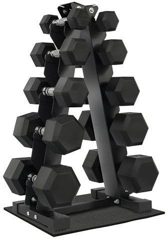 Fitvids Hexagonal Dumbbell Weights Set w/Rack â€“ Dumbbell + A-Rack: 150LB (5-25lbs Pairs) â€“ Black