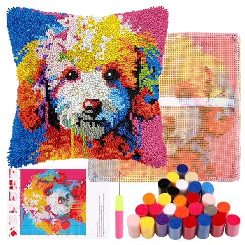 GUIJZSLTRG DIY Latch Hook Pillow Kit for Kids Adults, 17inch Pillow Materials Package, Handmade Embroidery Kits, Cross Stitch Sofa Cushion Cover with Crochet Yarn for Beginners and Home Decor(Dog)