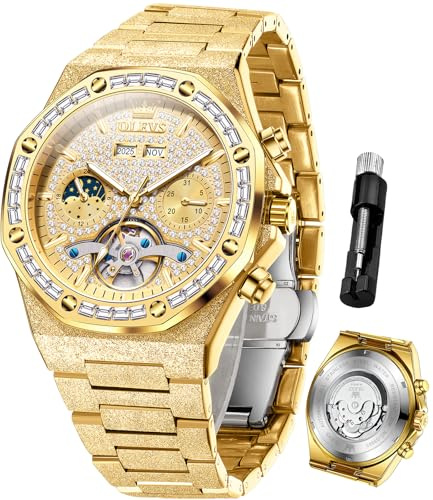 OLEVS Automatic Men's Watch Skeleton Luxury Self-Winding Diamond Gold Stainless Steel Waterproof Mechanical Gift Wrist Watches