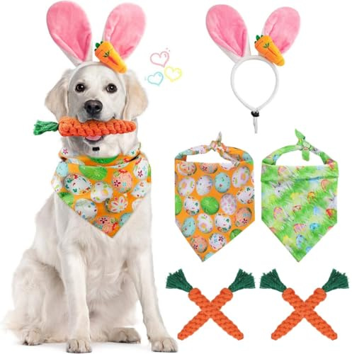 Set di 8 pezzi per cani pasquali, include orecchie da coniglio, giocattoli da masticare a forma di carota, bandane e regali per animali domestici