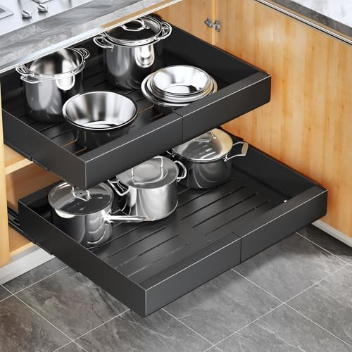 Cajones Extraíbles para Cocina 2 Unidades - 3 Guías de Deslizamiento Refuerzan Carga - Instalación con Cinta Nano-Adhesiva o Tornillos - Uso en Cocina, Baño y Dormitorio (43x30-50x5.8 cm, Negro)