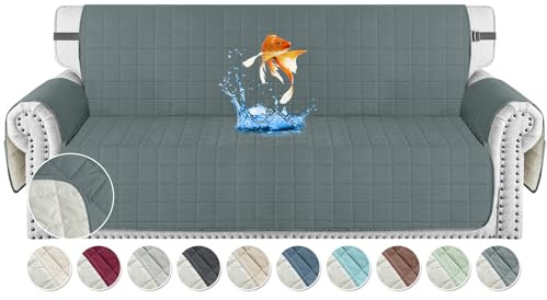 MAXIJIN Water Resistant 3 Seater Couch Covers, 69 Quilted Sofa Covers Washable Dog Pet Couch Cover Protector with Elastic Strap & Side Pocket (Dark Grey, 3 Seater)