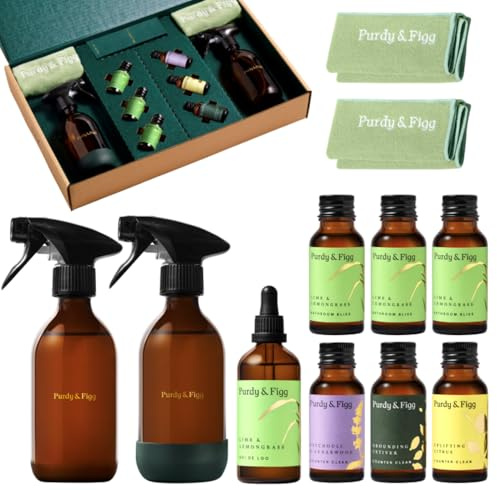 Purdy & Figg Complete Starter Kit | Counter Clean | Bathroom & Oh! de Loo | 3 Counter Clean Cleaning | 3 Bathroom Bliss | 2 Refillable Glass Bottles for Life | 2 Premium Microfibre Cloths | Oh! De Loo