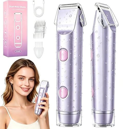 Bamkmbe Rasoio Elettrico Donna, 2 in 1 Impermeabile Depilatore Corpo Donna, bikini a doppia testa, Tagliapeli corporeo per donna Epilatore, IPX7 Display LED Uso a secco/bagnato, Viso e Corpo (Viola)