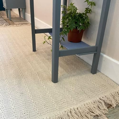 Second Nature Online - TARKARLI Small Cotton Rug | Ivory Cream | Textured Blanket Style Indian Mat with Fringes | Hand Woven | Eco-Friendly (Rectangular: 60x90 cm)