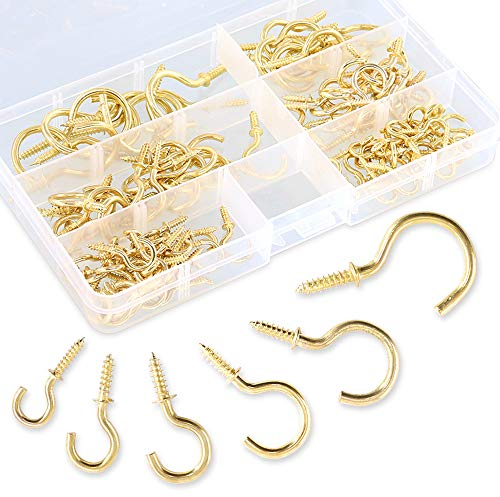 Lot de 120 crochets de plafond à visser en métal de 6 tailles, crochets autotaraudeuses dorés pour la maison/le lieu de travail/le bureau (vis Q)