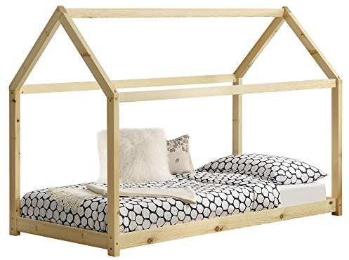 Cama para niños de Madera Pino 206x98x142cm Cama Infantil Forma de casa Pino Natural