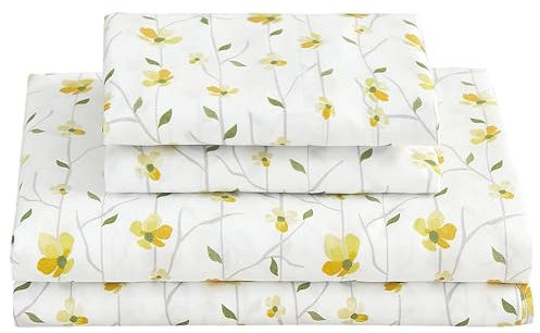 Softan Yellow Floral Sheets for Queen Size Bed Printed Bed Sheets - 4 Piece Soft Microfiber Patterned Fitted Sheets Queen with 15 Deep Pocket and Corner Straps,Cute Flower Sheets & Pillowcase Set
