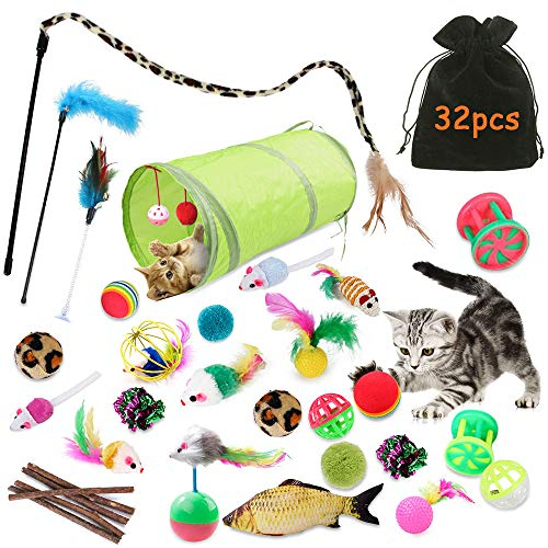 TOPSEAS Katzenspielzeug,32 Stück Katzenspielzeug Set mit Katzentunnel,Bälle,Federspielzeug,Plüschspielzeug,Spielzeugmäuse,Katzen Spielzeug Variety Pack für Kitty