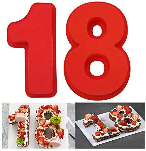 LIMEOW 2 Stück 25.5cm Zahlenbackform Kuchenform Anzahl Silikon Kuchenform Zahlen Silikon Backform Rot Kuchen Silikonbackform für Hochzeit Jahrestag DIY Kuchen Brot Mousse(Enthält die Zahlen 1 und 8)