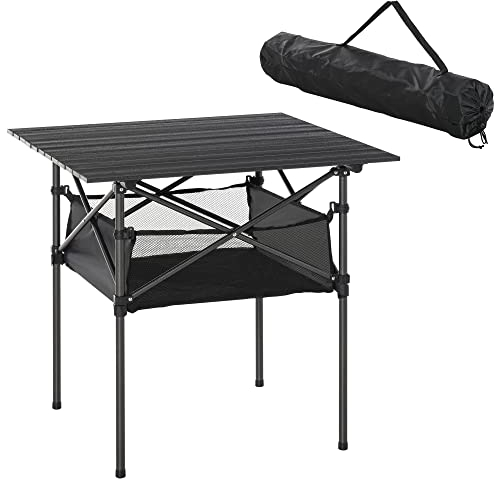 Outsunny 70cm Aluminum Roll-Top Table w/Mesh Bag Camping Outdoor Dining Foldable w/Steel Frame Picnic Lightweight Hiking Furniture Desk, Black