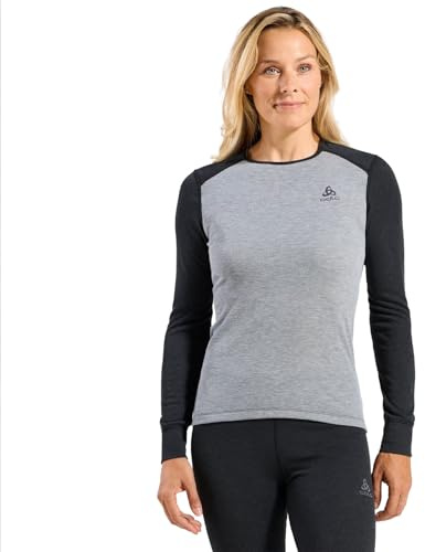 Odlo Thermounterwäsche für Damen Active Warm im Set | Dunkelgrau Grau meliert | Größe M | Langarm-Thermoshirt und Thermo Leggings | Warme Skiunterwäsche