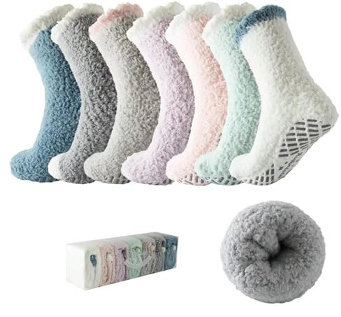 Bulinlulu Fuzzy Socks With Grips Mothers Gifts for Women,7 Pairs Non Slip Hospital Sleep Warm Fluffy Non-Skid Thick Slipper Socks with Grippers (Blue/Dark Grey/Brown/Purple/Pink/Green/White)